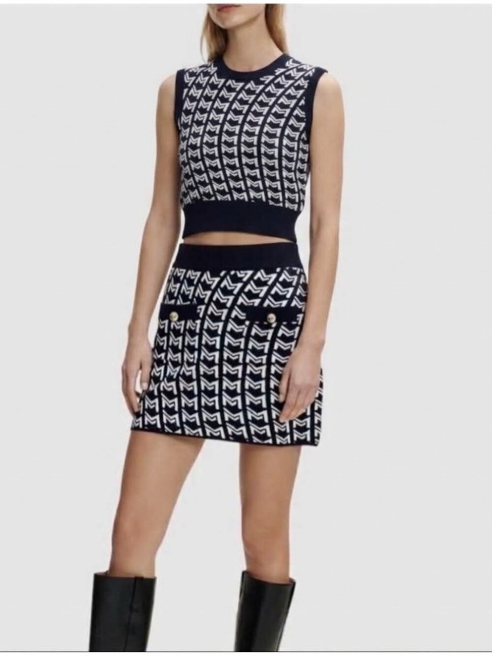 Maje Monogrammed Jacquard Knit Mini Skirt Set Top Vest Navy S M 2 / 38 Preppy